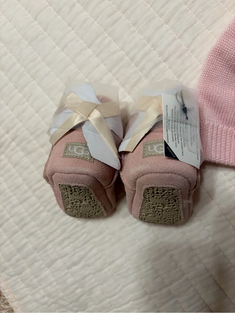 UGG Baby Girls Pink Knit Bow Beanie and UGG Suede Booties Set